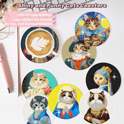 Puraikcmi 8PCs Diamond Paintings Coasters Kits Set, Funny Cat Diamond Art Coasters with Holder, DIY Crafts Diamond Art Kits Adult Craft Diamond Dots Gift