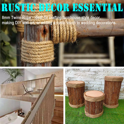 8mm Jute Twine Rope - 164ft Heavy Duty Natural Jute String for Gardening, Crafts, Packaging, DIY Projects & More - Strong, Durable & Biodegradable - Perfect for Plant Tying, Home Decor & Outdoor Use