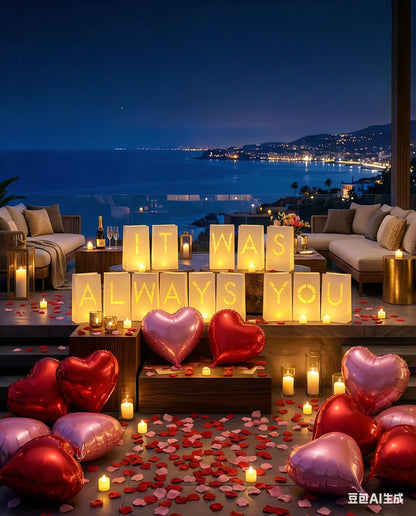 JZLiner It was Always You Light Up Letters Include Romantic Fake Rose Petals and LED Candles Heart Balloons Set Decorations