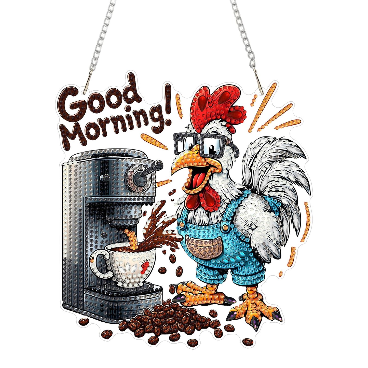 KEYIFA Coffee Diamond Art Hanging Kits with Chain, Special Shaped Drill Diamond Painting Pendant, Rooster Crystal Gem Art Pendant 5D Window Crafts for Wall Garden Door Decor (Width 7.9 in)