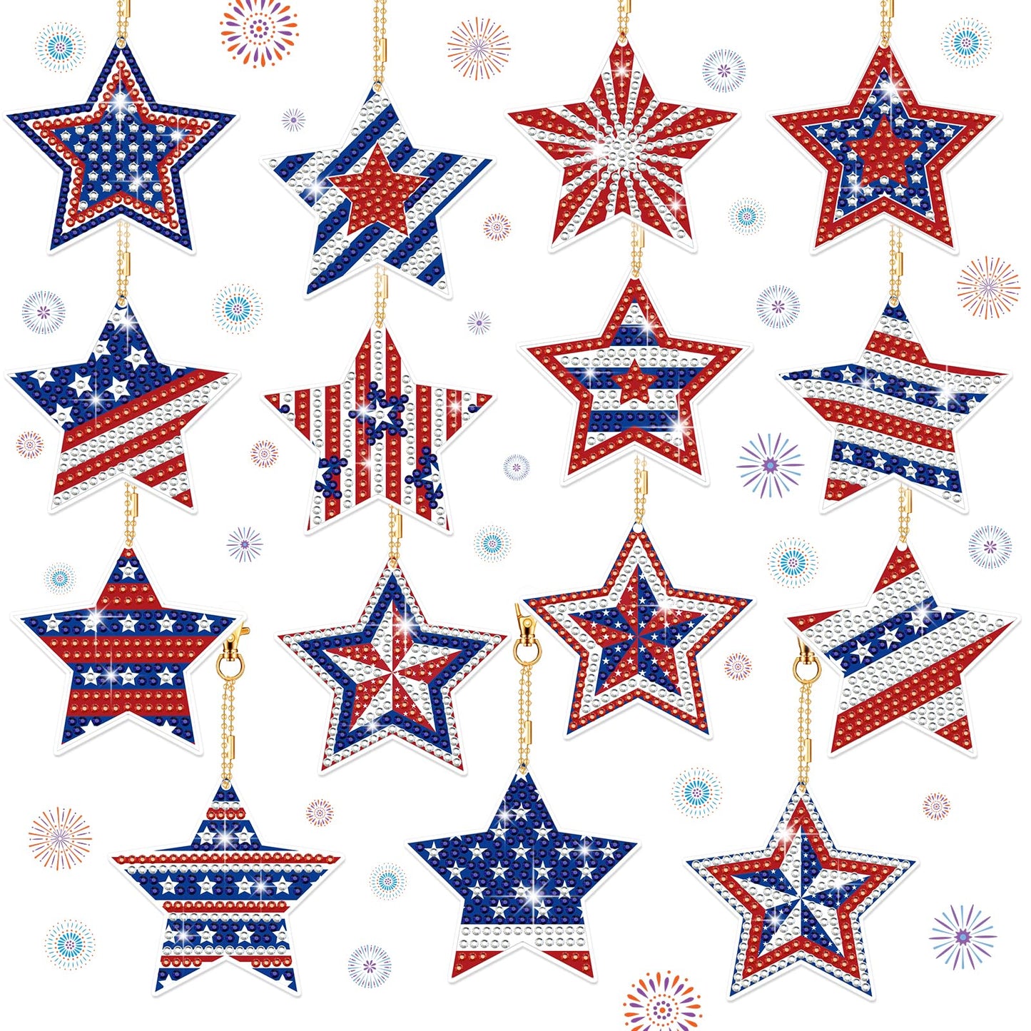 BBTO 15 Pcs 4th of July Star Diamond Art Keychains Patriotic Star Ornaments 250th Anniversary Memorial Day Painting Keychains Red White Blue Independence Day Diamond Art Kits for Kids Adults Crafts