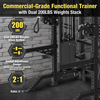 Commercial Functional Trainer Cable Machine with Dual Weight Stacks Power Cage Squat Rack Cable Crossover Exercise Machine with Pulley System All in One Home Gym Systems, Model B
