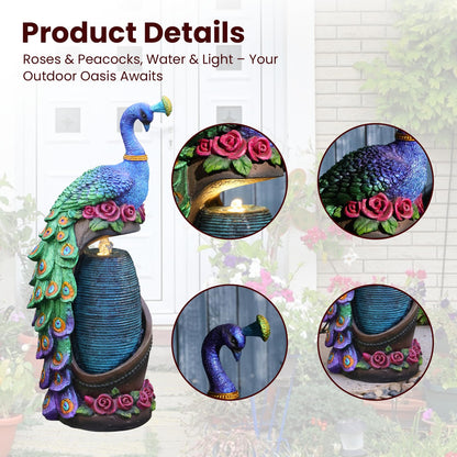 Tankana Outdoor Water Fountain 32" H Cascading Peacock Waterfall Fountain with LED Lights & Pump Tiered Water Feature for Garden, Patio, Backyard, Deck, and Porch Decor