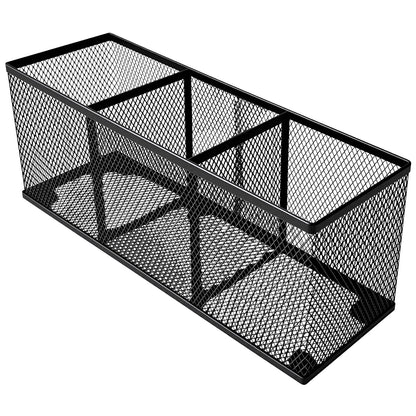 Metal Mesh Pencil Holder, Spacious 3-Compartment Desk Organizer for Pens, Makeup Brushes, Utensils, Multipurpose Office, School ,Kitchen, Home Desktop Storage, 10.43 x 3.35 x 4.04 Inches, Black
