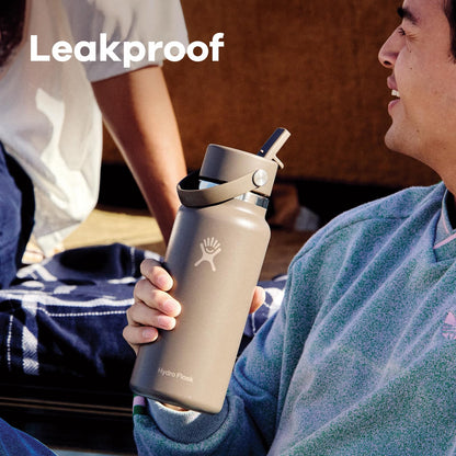 Hydro Flask Water Bottle - Insulated Stainless Steel - Wide Mouth Flex Straw Lid, Non Spill, Leakproof and Refillable in 32 Oz White