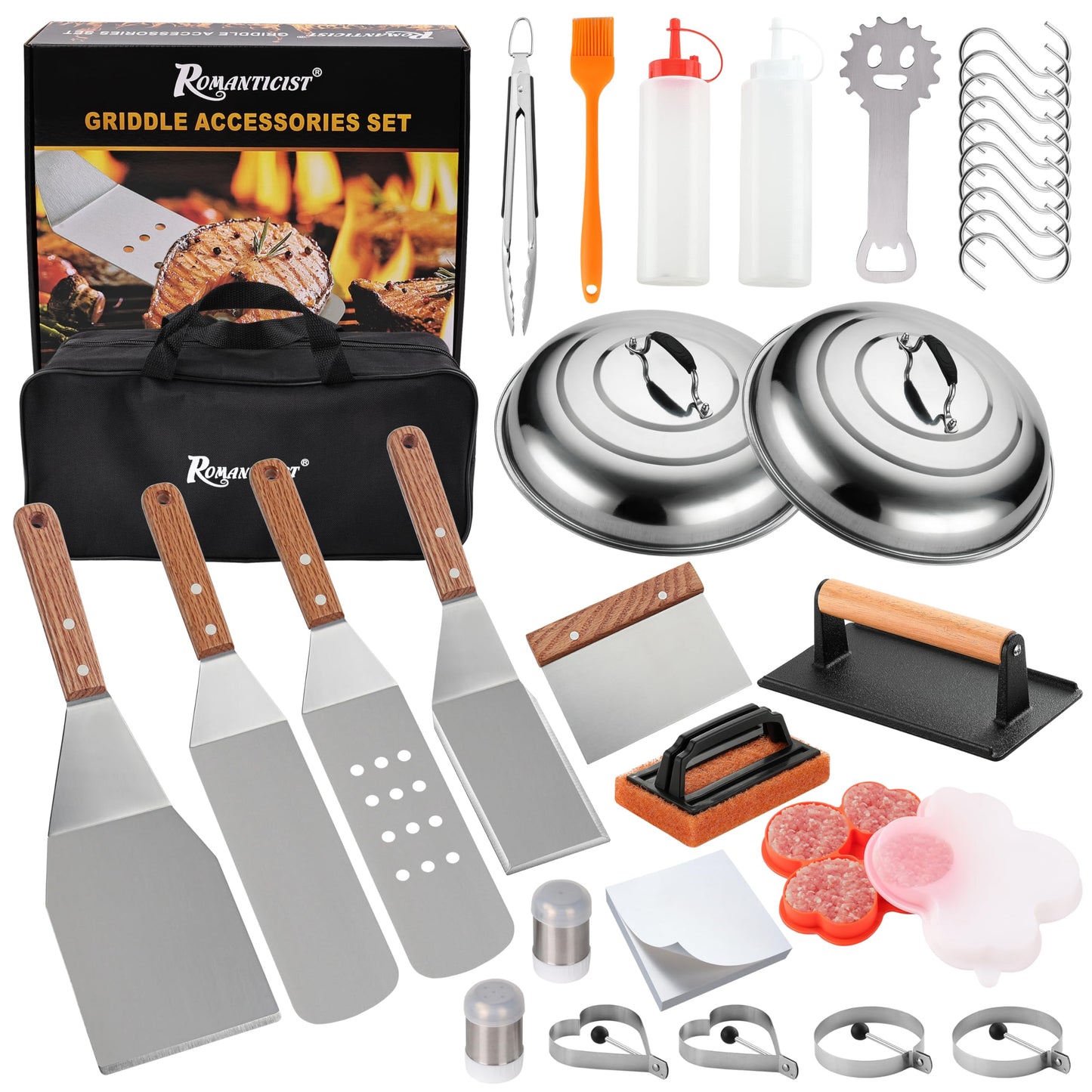 ROMANTICIST 132PC Professional Griddle Accessories Kit - Heavy Duty Stainless Steel Grill Spatula Set for Grill Griddle Hibachi Flat Top Outdoor Cooking - Great Grill Gift on Birthday Wedding