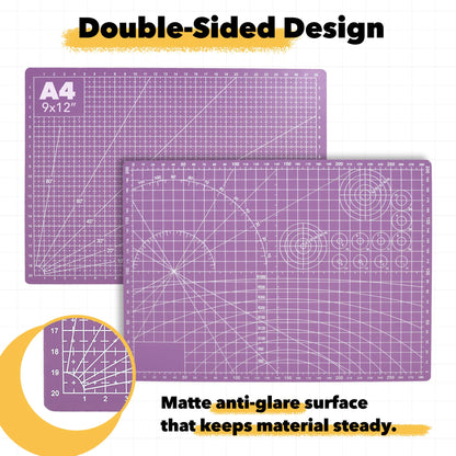 Mandala Crafts Self-Healing Cutting Mat Set – 9" x 12" A4 Purple Pink Double-Sided 5-Ply Mat with Fabric Cutter, Quilt Ruler & Craft Knife for Sewing, Quilting, Leather & Scrapbooking
