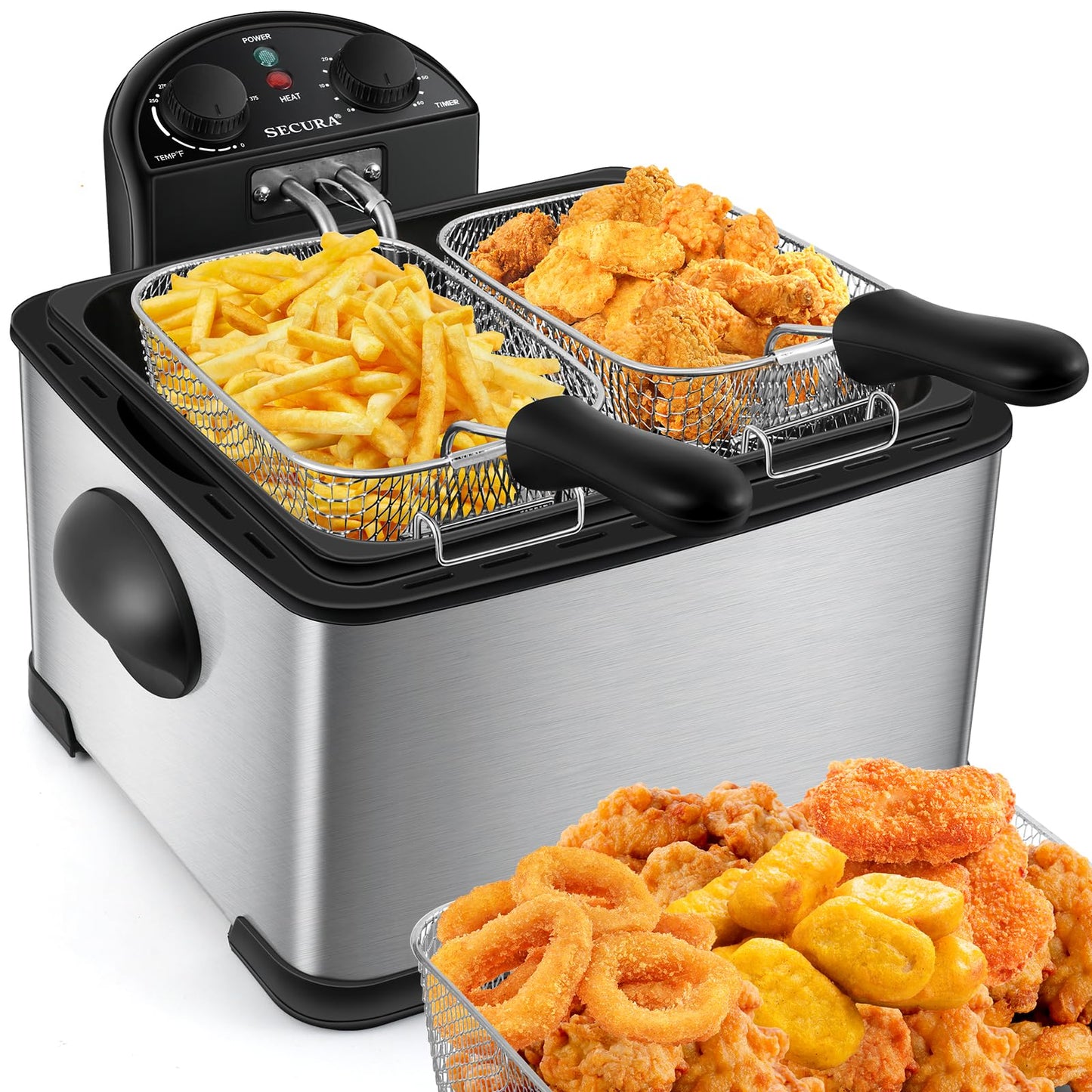 Secura 1700-Watt Stainless-Steel Triple Basket Electric Deep Fryer with Timer Free Extra Odor Filter, 4L/17-Cup, Red