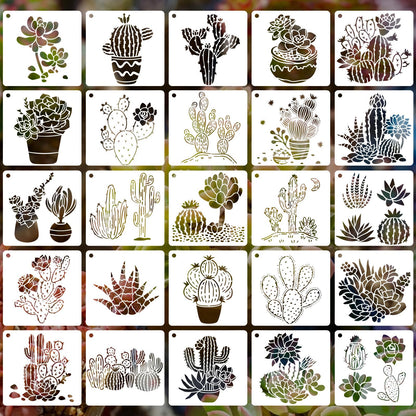 25 PCS Cactus Stencils for Painting, Stencils for Crafts Reusable 6 x 6 Inch Succulent Templates for Wood Signs Journals Planters Canvas and Desert Decor