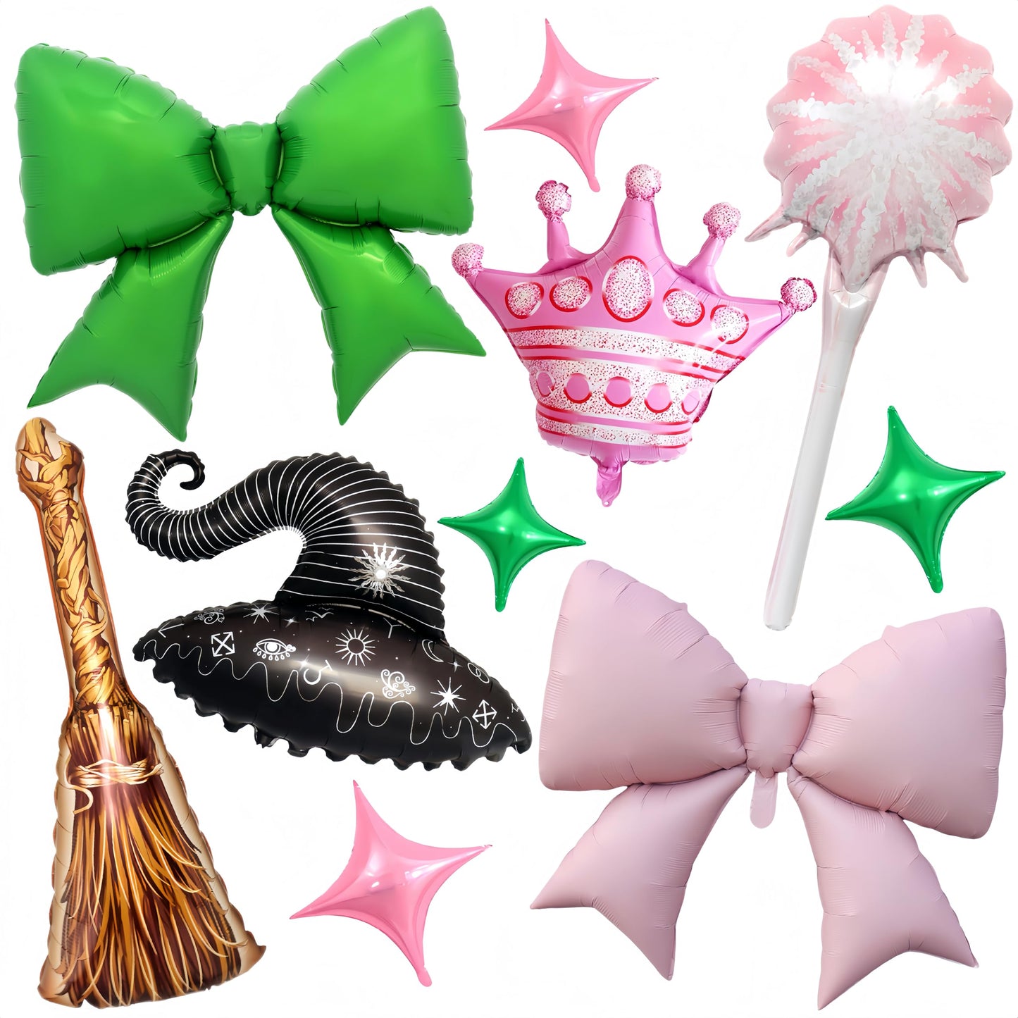 10Pcs Witch Party Party Balloons/Green Pink Bow Crown Sparklers Wizard Hat Broom Foil Balloons/Wick*ed Birthday Party Supplies/Magic Wizard Birthday, Enchanted Fantasy Magical Celebration