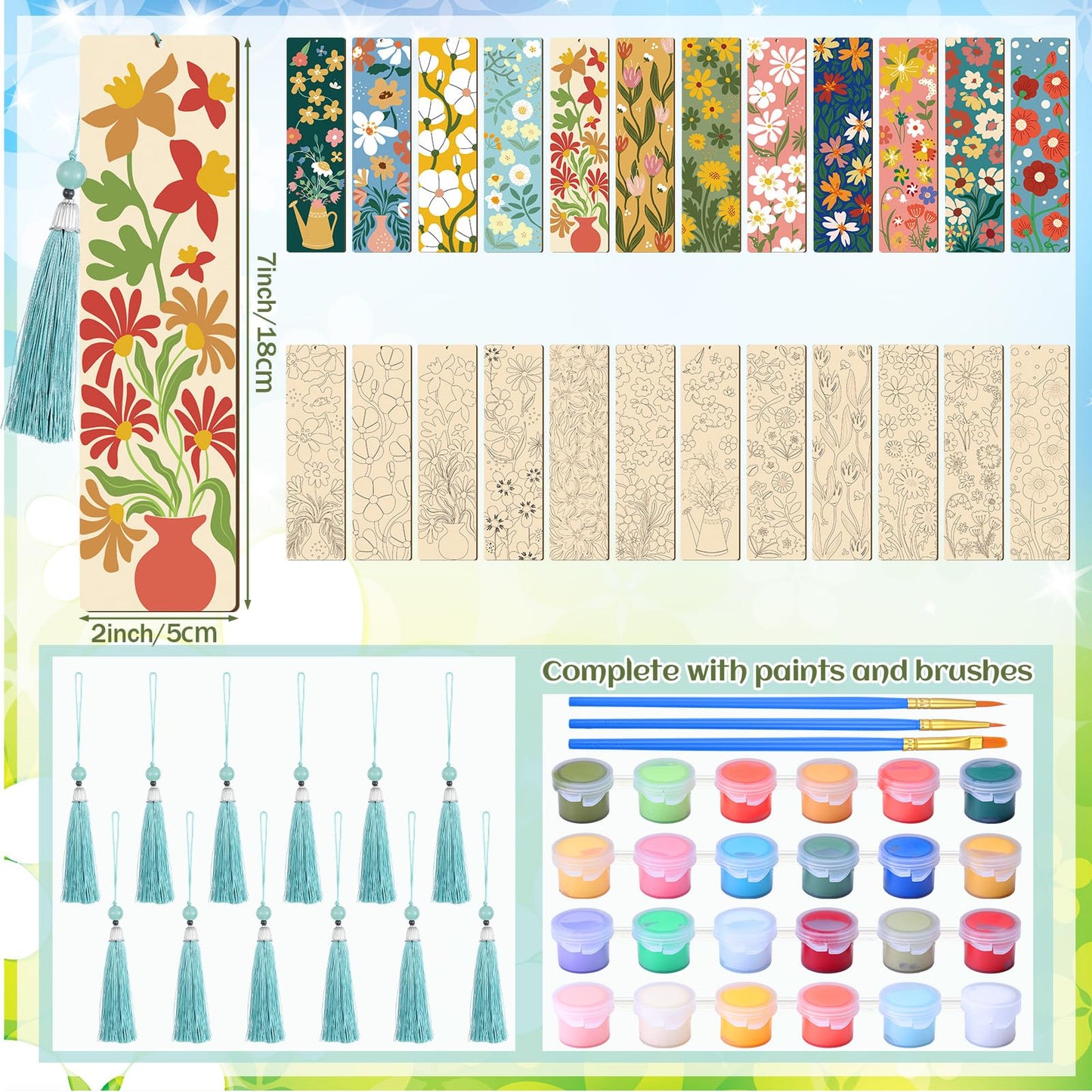Kosiz 12 Pcs Paint by Numbers Kit for Adults Wood Bookmark Painting Decor Mini Paint by Numbers Kit Tassels Blank Bookmarks Craft for Small DIY Book Lovers Gift 7x2 ''(Butterfly Flowers Theme)