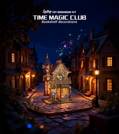 Spilay DIY Miniature House Kit, House Building Kit 3D Wooden Puzzle with LED Lights, Book Nook Kit for Adult Bookshelf Decor&Gift for Birthday Halloween Christmas（Time Magic Club）