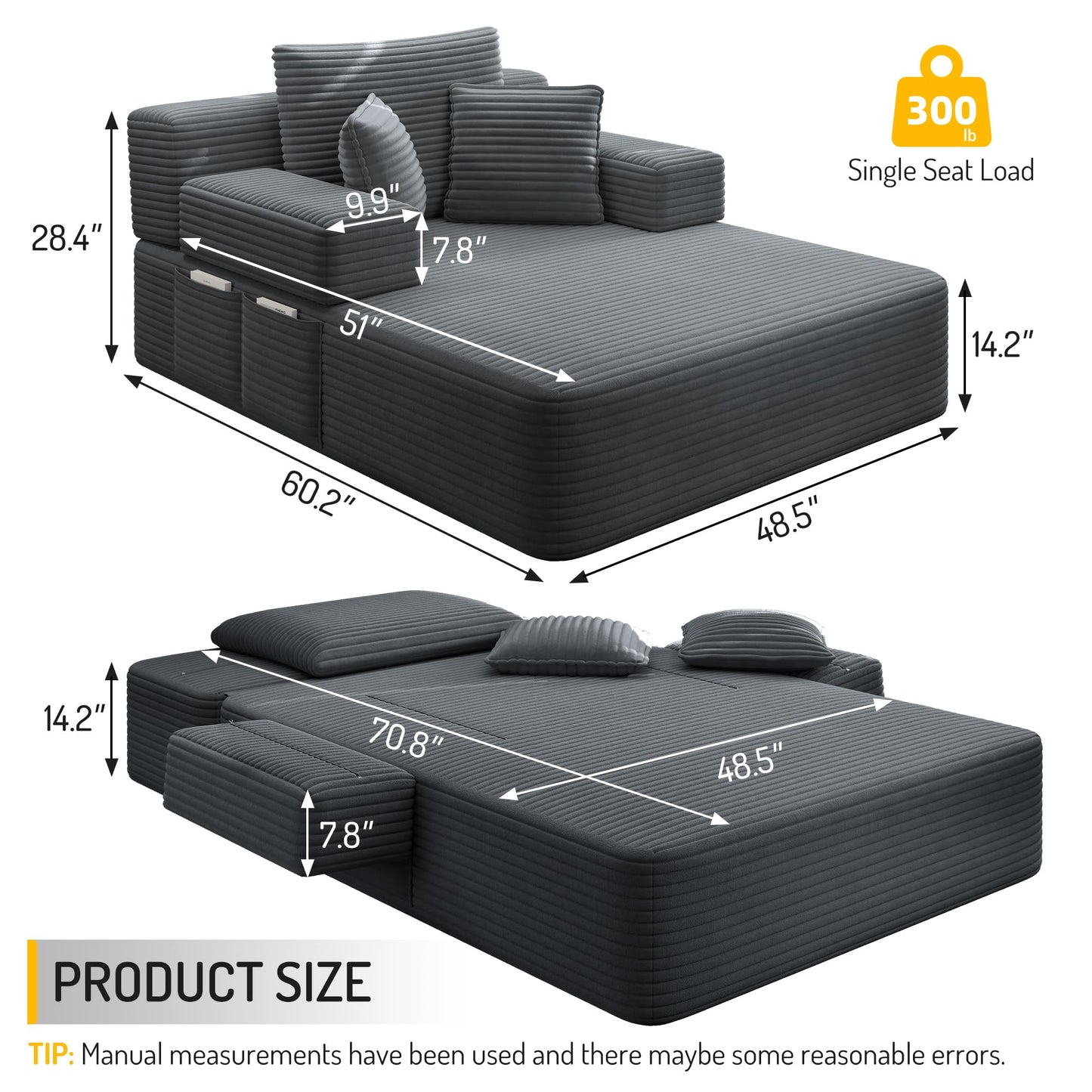 48.5" Boneless Chaise Lounge Chair Sofa Bed Indoor with Zip-Down Convertible Armrests & Backrest, Oversized Cloud Upholstered Compression Sleeper Couch Reading Chairs w/Side Pockets