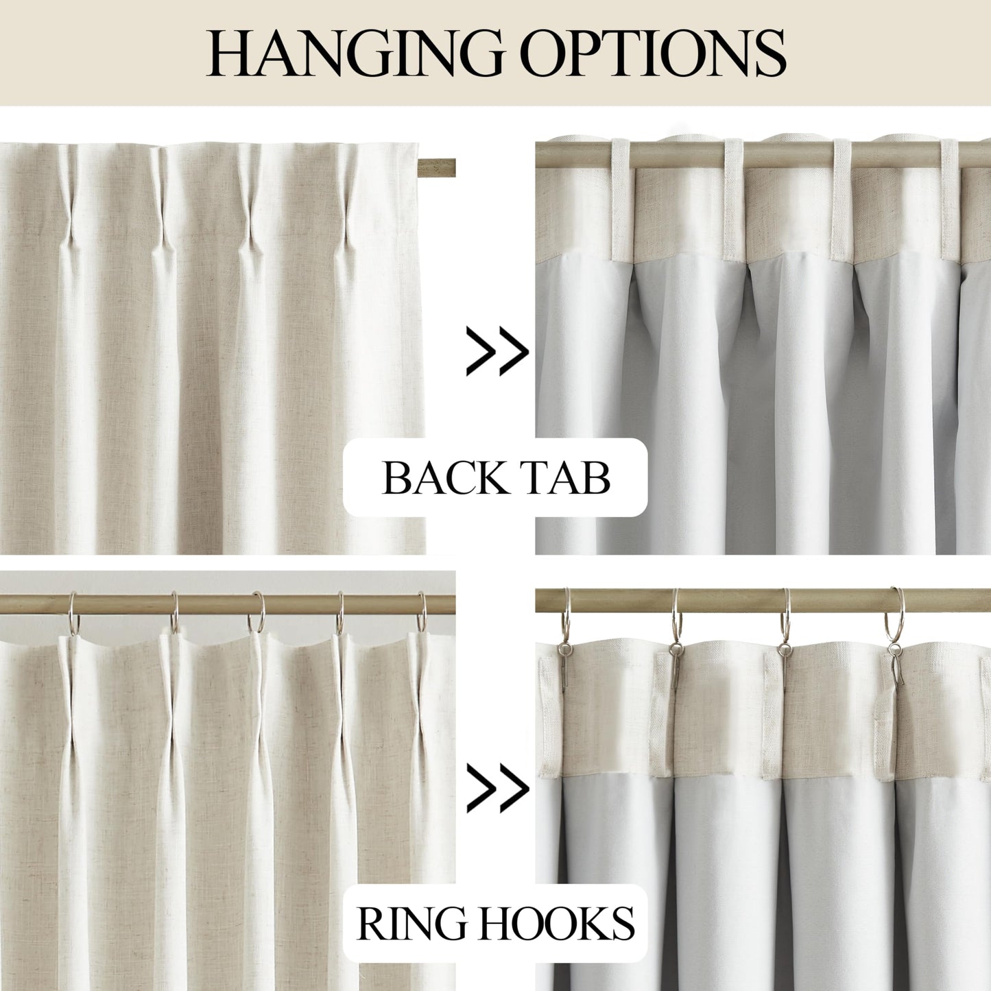 Vision Home Natural Pinch Pleated Full Blackout Curtains Linen Blended Room Darkening Window Curtains 90 inch for Living Room Bedroom Thermal Insulated Pinch Pleat Drapes with Hooks 2 Panel 40"Wx90"L