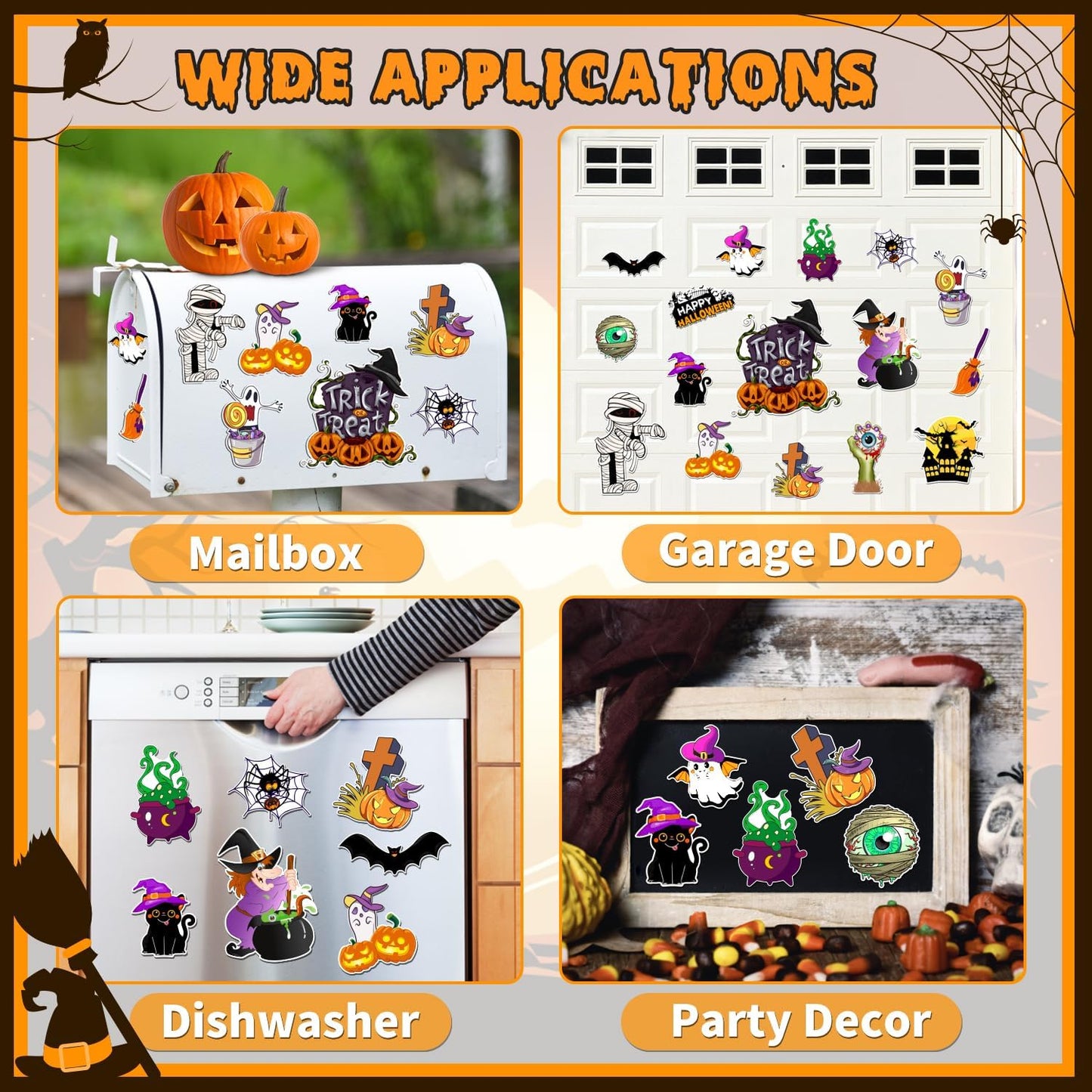 16 Pcs Halloween Reflective Car Magnets, Pumpkin Bat Stickers for Refrigerator, Garage Door Decor