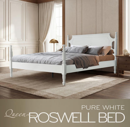 Solid Wood Queen Size Platform Frame, Headboard & Footboard, No Box Spring Needed, 12 Wooden Slats, Center Metal Legs, Slip-Free, Simple Assembly, Under Bed Storage, Pure White Finish, ROQ-39