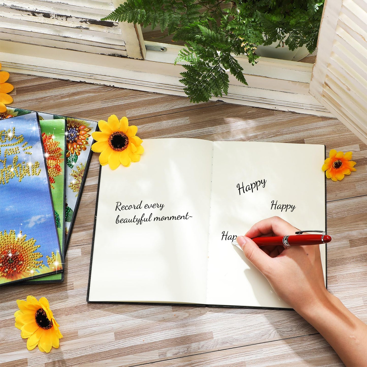Ctosree 4 Pack Sunflower Diamond Painting Notebook, Spring Diamond Art Kits, DIY Diamond Journal,a5 Leather Arts and Crafts for Adults Diamond Sketchbook with Tools for Drawing