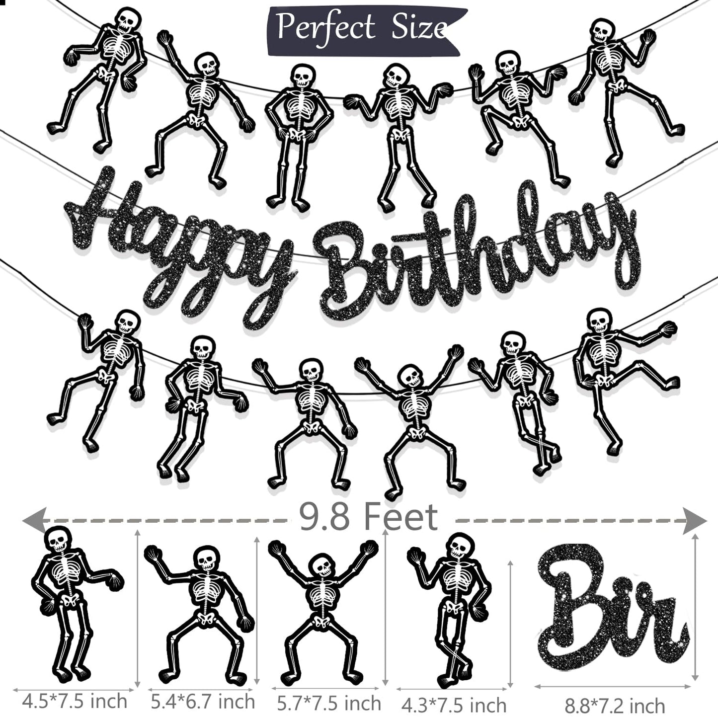 Skeleton Birthday Party Banner Halloween Party Decorations Dancing Skeleton Cutout Banner Glitter Black Skull Party Decoration for Halloween Holiday Celebration Supplies