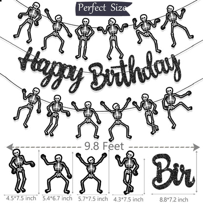 Skeleton Birthday Party Banner Halloween Party Decorations Dancing Skeleton Cutout Banner Glitter Black Skull Party Decoration for Halloween Holiday Celebration Supplies