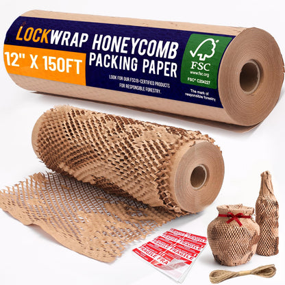 Honeycomb Packing Paper 12" x 150ft with Rope & 20 Fragile Stickers|Shipping & Moving Supplies|Small Business Packaging Supplies|Eco Friendly Bubble Wrap Packing Boxes for Moving Certified FSC C204227