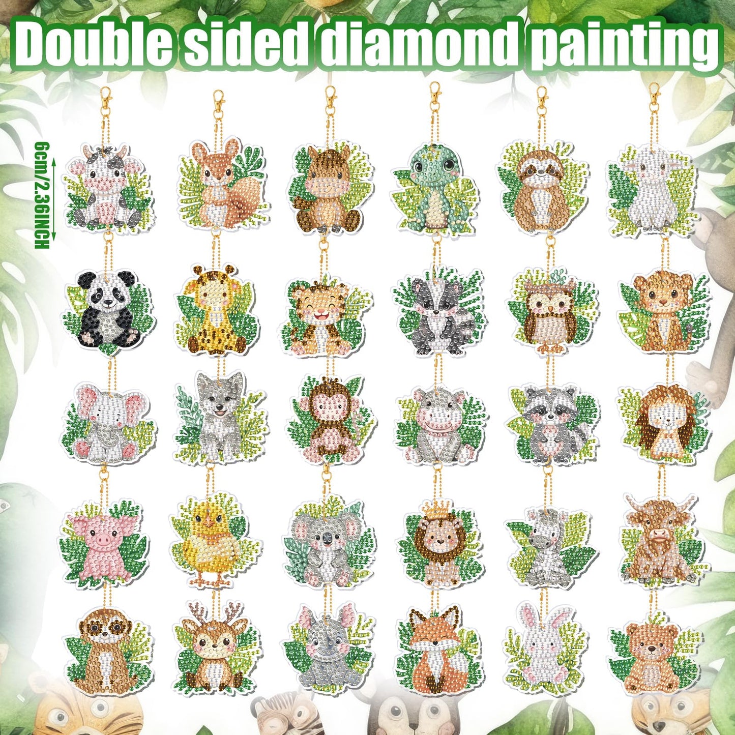 WILLBOND 30 Pcs Jungle Animals Diamond Art Keychain Ornaments DIY Double Sided Jungle Animals Diamond Painting Keychain Kits for Adults Key Ring Art Pendant Tree Decor