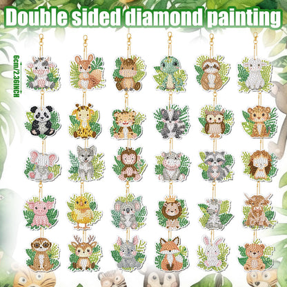 WILLBOND 30 Pcs Jungle Animals Diamond Art Keychain Ornaments DIY Double Sided Jungle Animals Diamond Painting Keychain Kits for Adults Key Ring Art Pendant Tree Decor