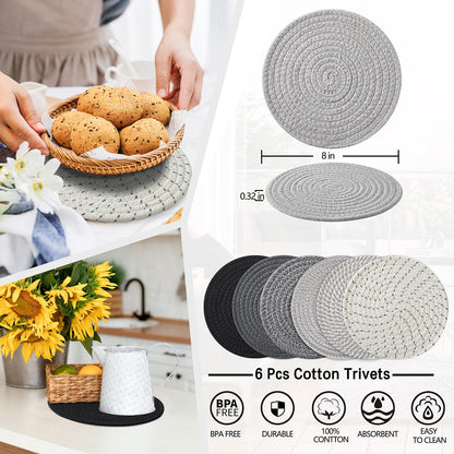 Coga 8" Trivets for Dishes, Pots and Pans, 6 Pack Heat Resistant Hot Pads, Pot Holders for Kitchen, Plate Mats for Table and Countertops, Farmhouse Decor Home Kitchen Essentials, Mix-Grey