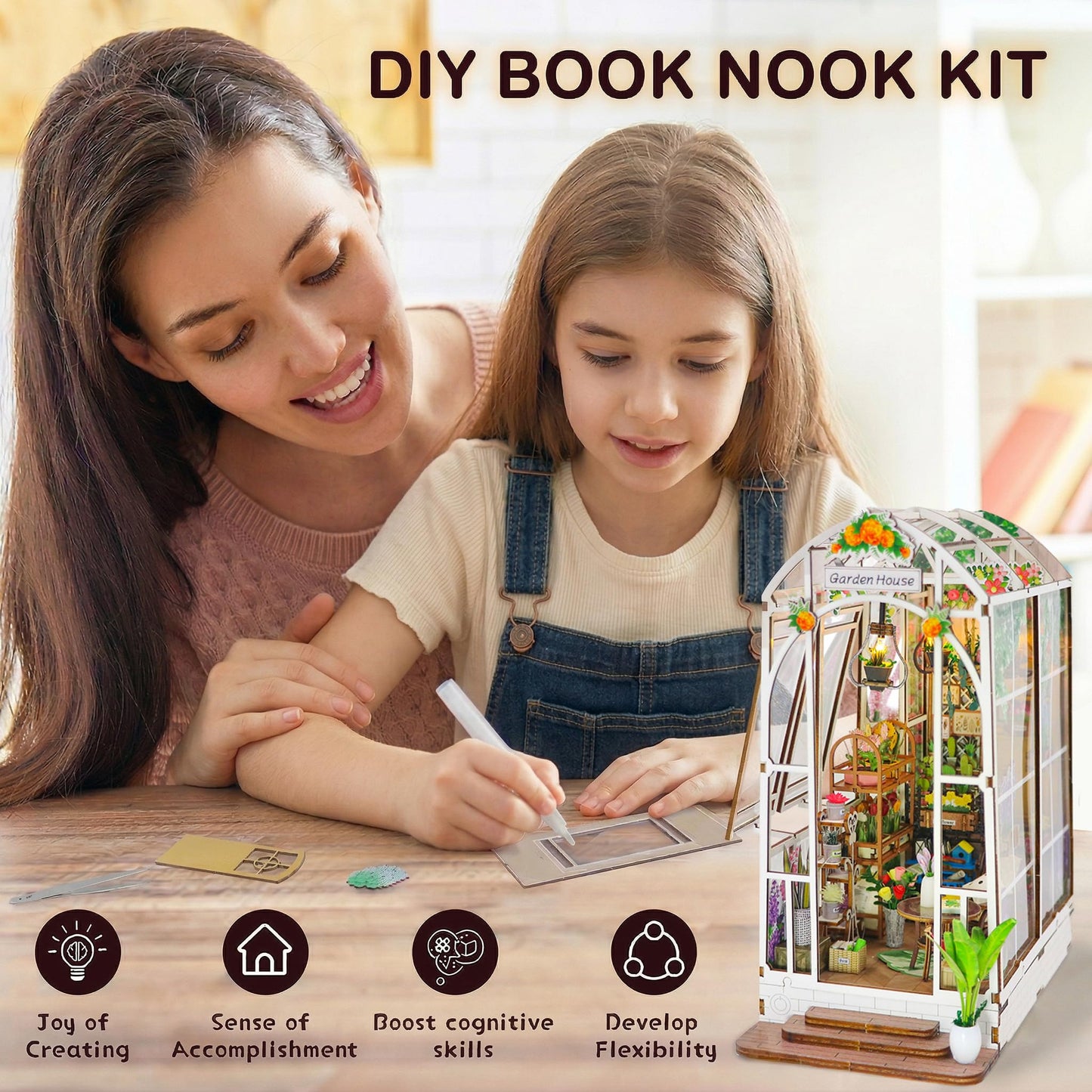 Fimeetoy Book Nook Kit for Adults, Miniature House Kit Doll House DIY Crafts for Adult Teen, Tiny House Bookshelf Decor with LED Light, 3D Puzzle Book Ends Garden House Birthday Gift for Women Friends
