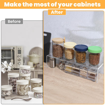 Meyeyaia 4 Pack Acrylic Risers Display Stands, Acrylic Shelf Riser Display Risers, Spice Rack for Dishes, Spices, Soda Cans and Bottles（12.4 x 4 x 4.6 inch）