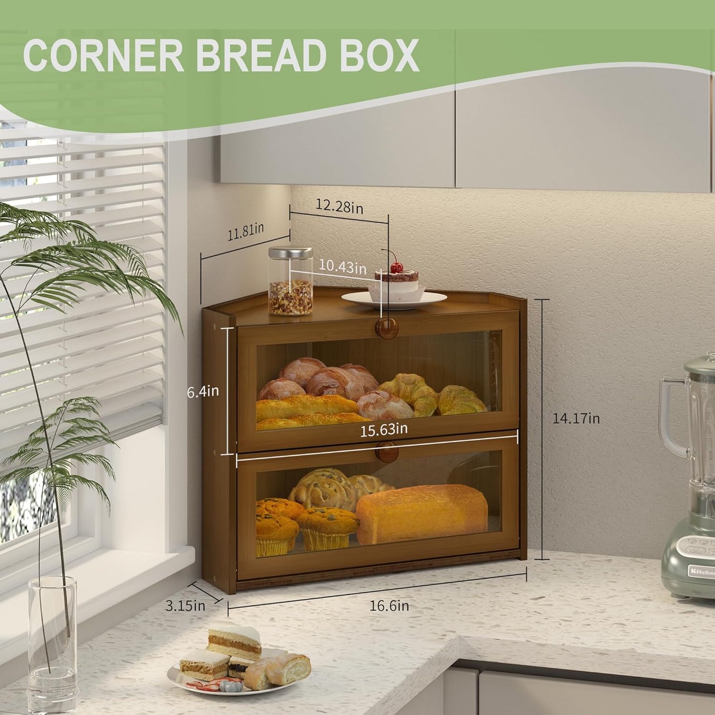 Countertop, JANSNIMEN Corner Bread Box for Kitchen Large Bread Container Storage Bamboo Wooden Farmhouse Bread Box