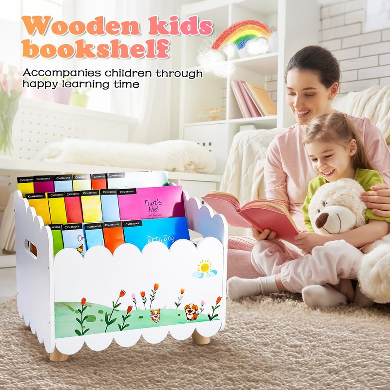 QwayHome Wood Kids Bookshelf, Montessori Bookshelf, Kids Storage Oragnzier with Handles, Toddler Bookcase with 2 Adjustable Dividers for Bedroom,Nursery & Classroom,White