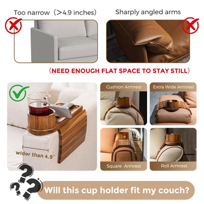 Couch Cup Holder for Armrests Over 4.9" Wide, Acacia Wood Couch Arm Tray with 360° Rotating Cup Holder, 3 in 1 Foldable Sofa Arm Tray Table for Remote, Snacks, Phone, Drinks