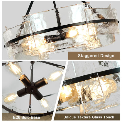 Water Textured Black Glass Drum Chandelier,Glass Chandeliers for Dining Room 20.8" Round Chandelier Dining Room Light Fixtures Over Table Modern Farmhouse Glass Pendant Light for Living Room Foyer