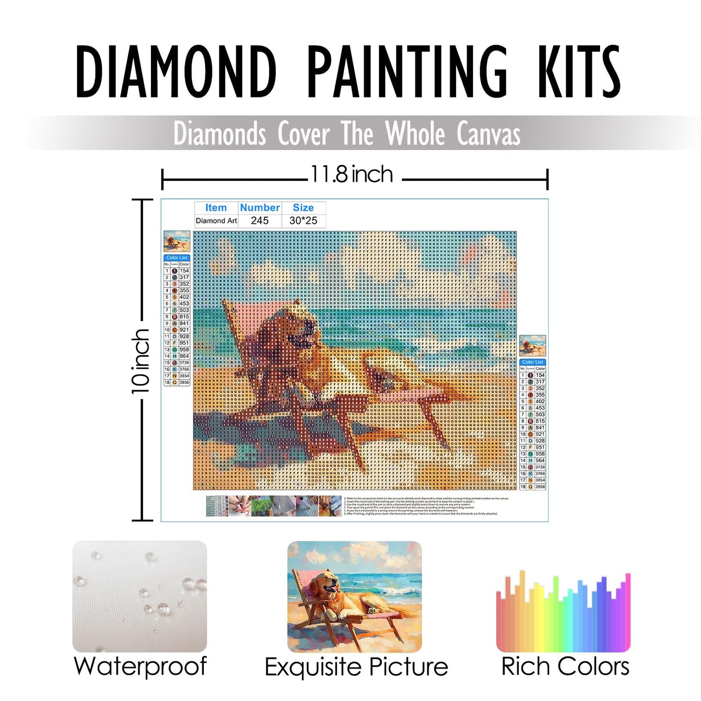 RLTXBUK Coastal Beach Golden Retriever Diamond Art Kits, Gifts for Golden Retriever Lovers, Whimsical Dog Gem Diamond Painting Art Kits for Adults Kids Beginners, Beach House Decor 9.8x11.8 Inch