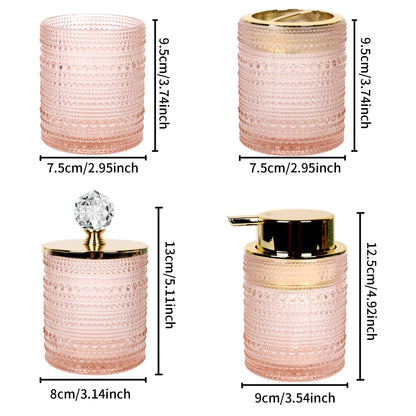 FEILANDUO Bathroom Accessories Set,4Pcs Glass Bathroom Accessories,Vanity Bathroom Decor, Soap Dispenser, Toothbrush Holder Set, Apothecary Jar, Gift for Home Apartment (Pink)