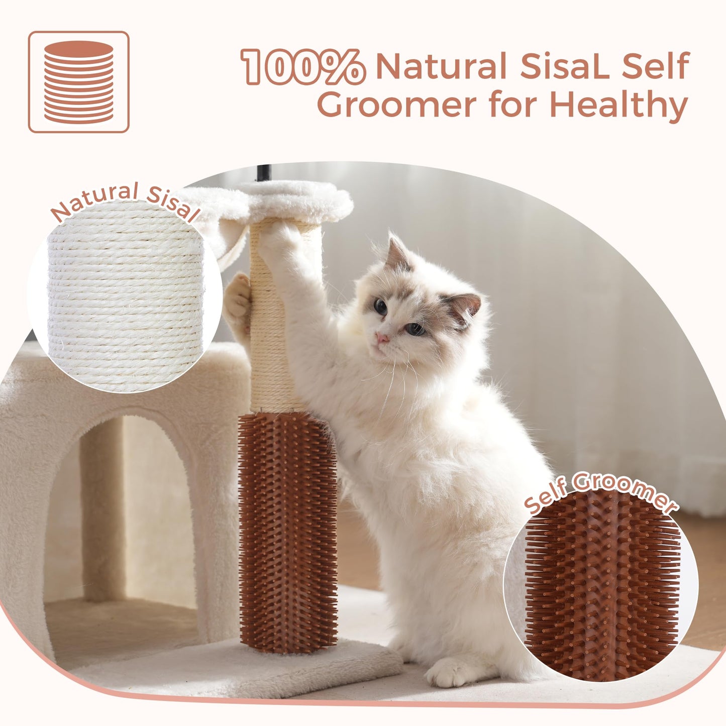 Pawfessor Cat Tree 32 Inches Small Cat Tree for Large Cats Adult Cat Tower with Scratching Post,15.7”Large Hammock and Self Groomer, and Removable Top Perch and Wide Condo for Indoor Cats-Beige