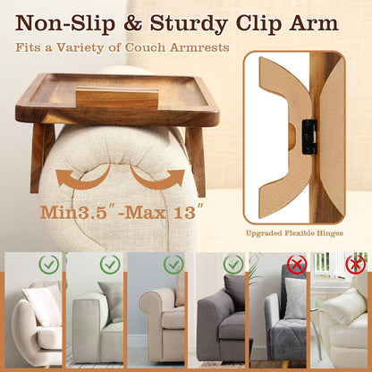 Acacia Wood Couch Armrest Table,Sofa Arm Tary Table for Living Room,Sofa Armrest Tray with Rotated Phone Holder,Clip on