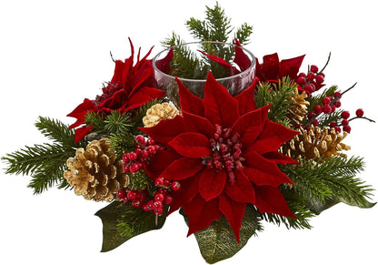 Nearly Natural Poinsettia Candelabrum - Red Berry & Golden Pine Cone Silk Arrangement | 14" H x 14" W