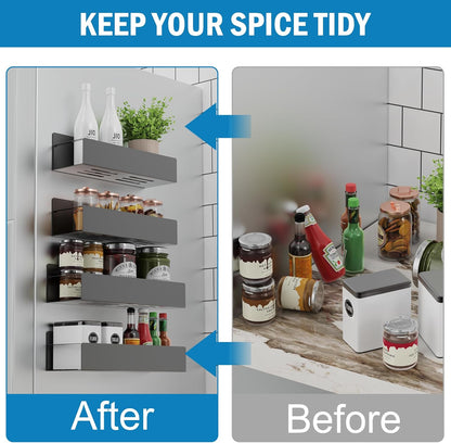 Magnetic Spice Rack for Refrigerator, 2 Pack Black Moveable Fridge Magnetic Spice Racks, Strong Metal Shelves for