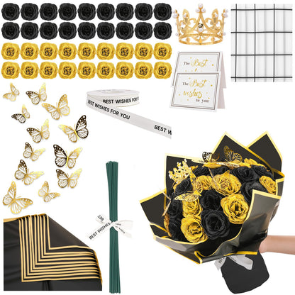 Ovveroche 36 PCS Glitter Roses Bouquet Kit, Black, Gold Sparkling Flower Arrangement with Stems, Butterflies, Crown, Wrapping Paper, Card, Ribbon for Wedding, Graduate, Birthday, DIY Crafts