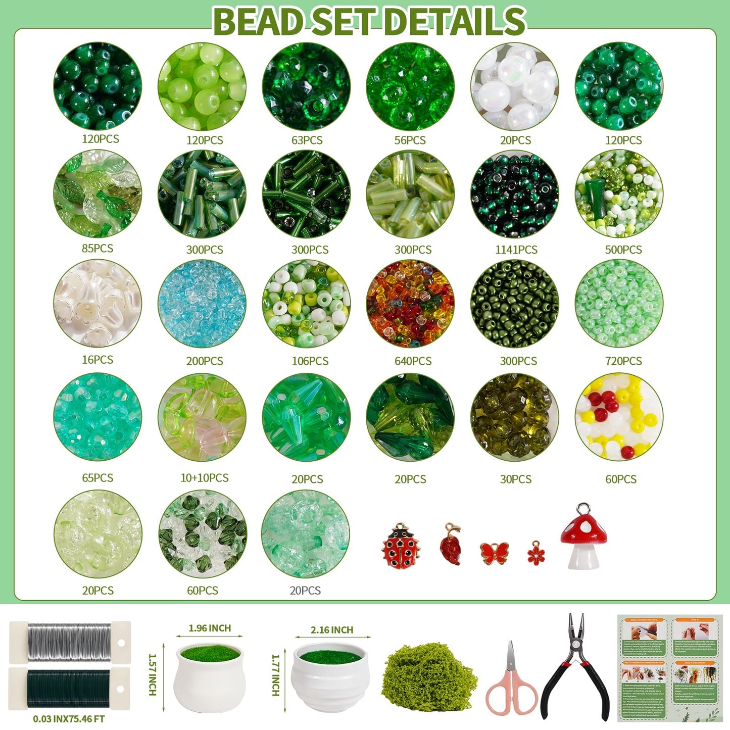 5422 PCS Beaded Plant Kit - Forever Plant Making Set with Green Glass Beads, Floral Wire, Leaf Charms, 2 Mini Pots & Storage Box - DIY Craft Kit for Adults, Gift for Plant Lovers