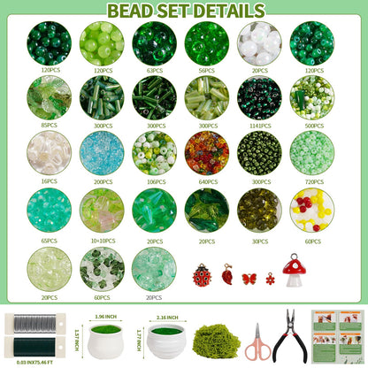 5422 PCS Beaded Plant Kit - Forever Plant Making Set with Green Glass Beads, Floral Wire, Leaf Charms, 2 Mini Pots & Storage Box - DIY Craft Kit for Adults, Gift for Plant Lovers