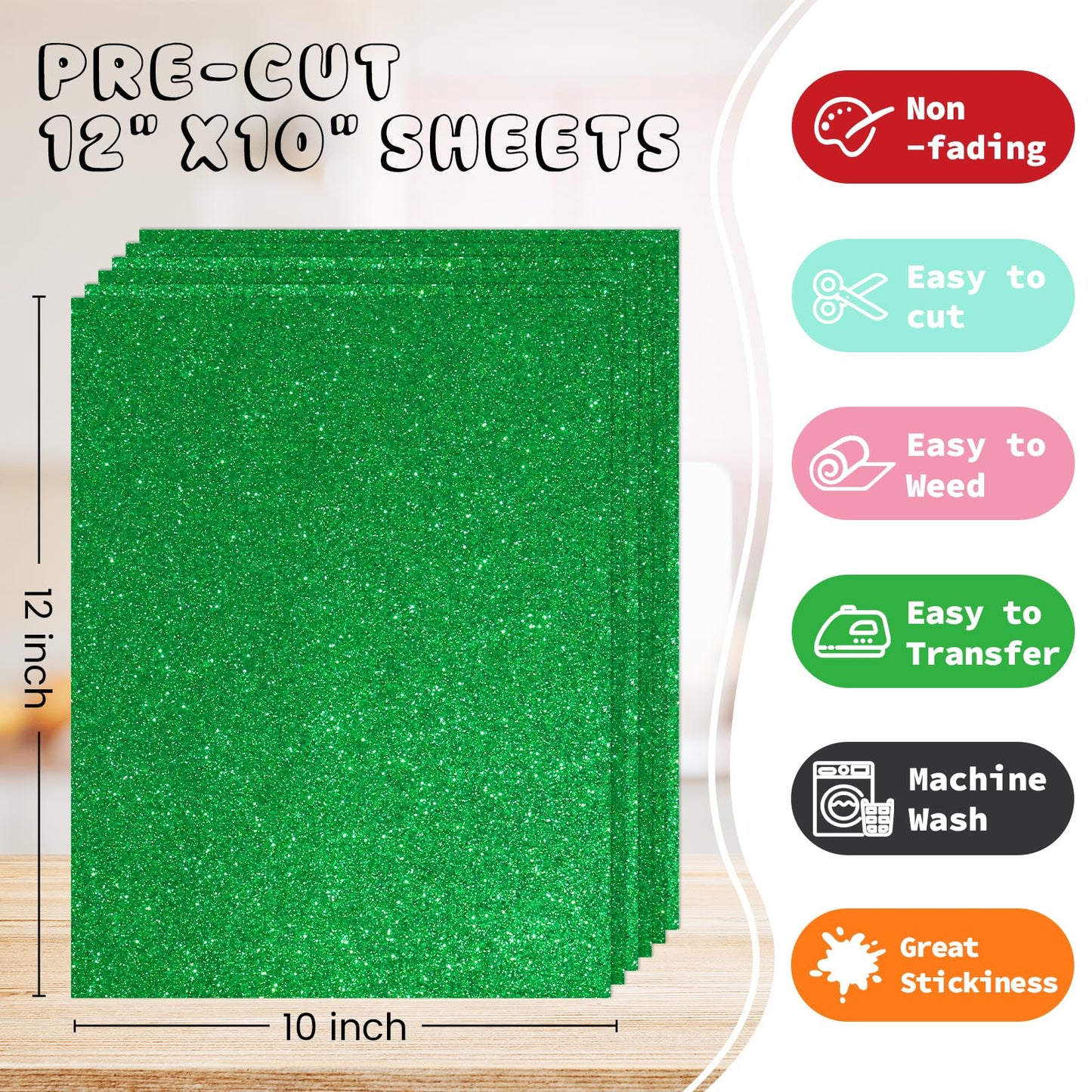 Yiwloer 3D Puff Glitter HTV, 6-Pack 12"x10" Sheets. Iron-On Vinyl for Fabrics, Compatible with Cricut & Cameo for Easy DIY T-Shirts & Crafts(Green Glitter Puff, 12" x 10")