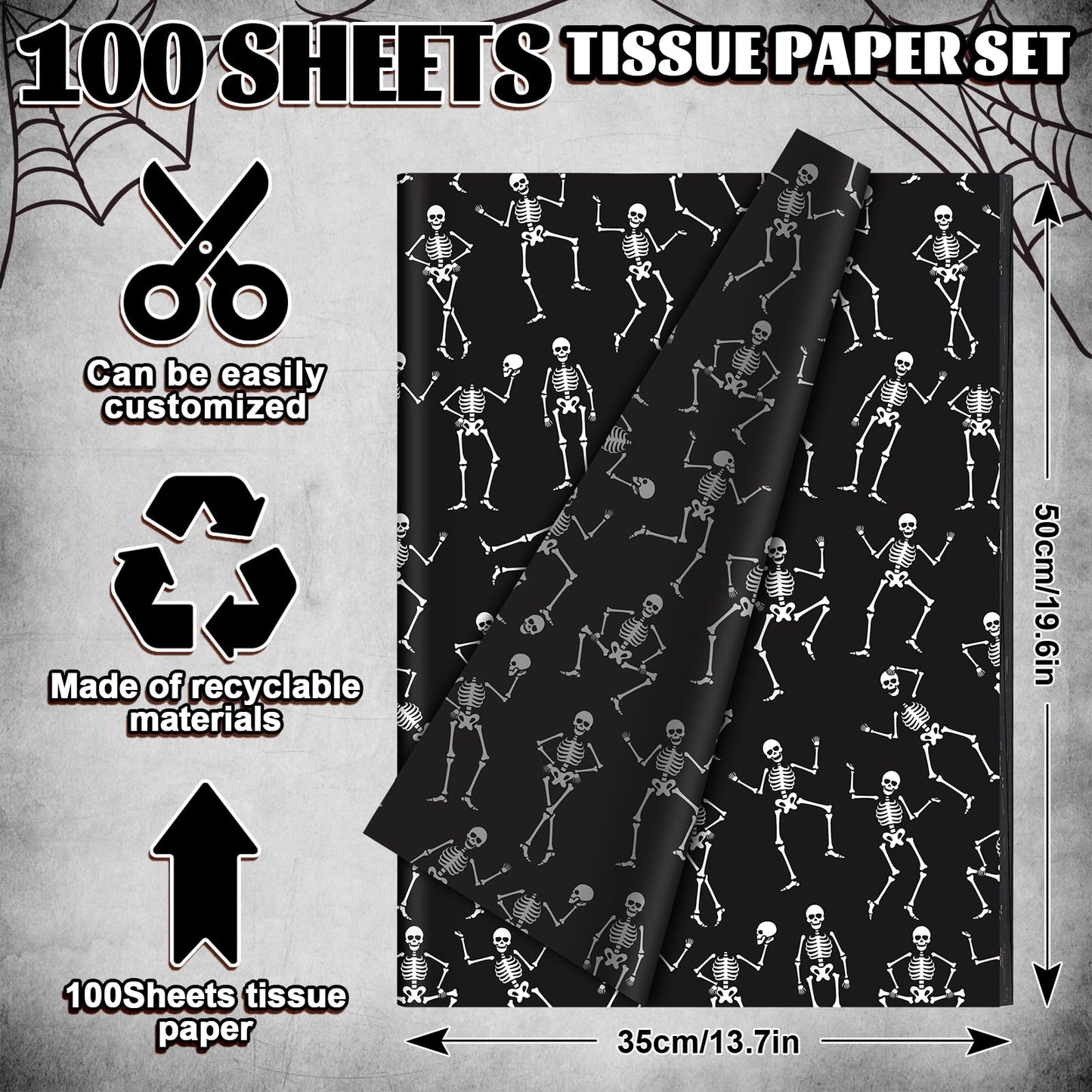 Whaline 100 Sheets Halloween Tissue Paper Dancing Skeleton Gift Wrapping Paper Black White DIY Art Craft Paper for Halloween Birthday Holiday Party Supplies, 13.7 x 19.6 Inch