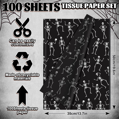 Whaline 100 Sheets Halloween Tissue Paper Dancing Skeleton Gift Wrapping Paper Black White DIY Art Craft Paper for Halloween Birthday Holiday Party Supplies, 13.7 x 19.6 Inch