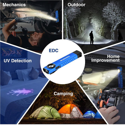 WORKPRO Rechargeable Work Light, 600 Lumens Flat Pocket Flashlight with UV Light, Magnetic Base & Clip, Slim LED EDC Flashlight for Garage, Camping, Home, and Emergencies