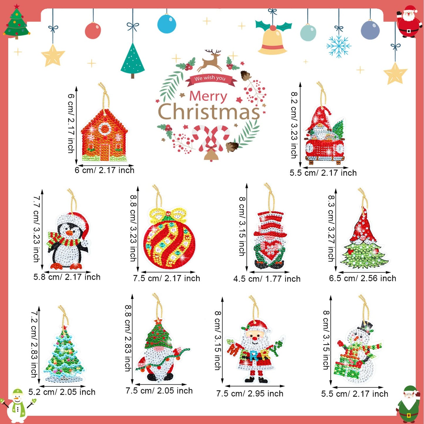 Hungdao 64 Pcs Diamond Art Christmas Ornaments Kits Diamond Art Painting Kits DIY Keychains for Adults 5d Bulk Winter Hanging Ornament Snowman Santa Claus Home Xmas Tree Craft Gift Decor(Classic Red)