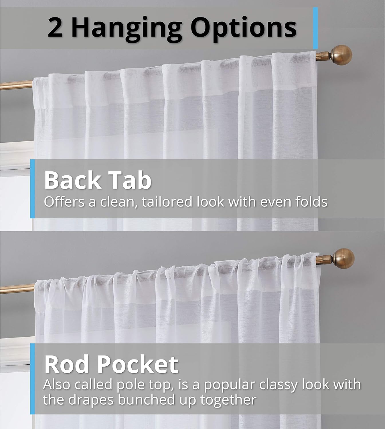 HLC.ME Lauren Semi Sheer Light Filtering Pocket Top & Back Tab Curtains - 2 Panels (54 x 63 Inch, White) for Bedroom &