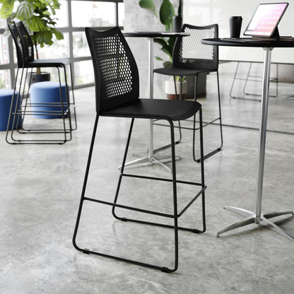 Flash Furniture Hercules Stacking Bar Height Stool with Vented Backrest and Black Powder Coated Steel Sled Base with Integrated Footrest, Commercial Portable Stool, Set of 3, Black