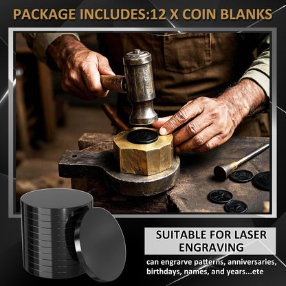 12pcs 1 1/4" Black 304 Stainless Steel Challenge Coin Blanks 1/8" Thick with Acrylic Protection Box Laser Engraving Hand Stamping DIY Crafts Birthday Commemorative (32mm)